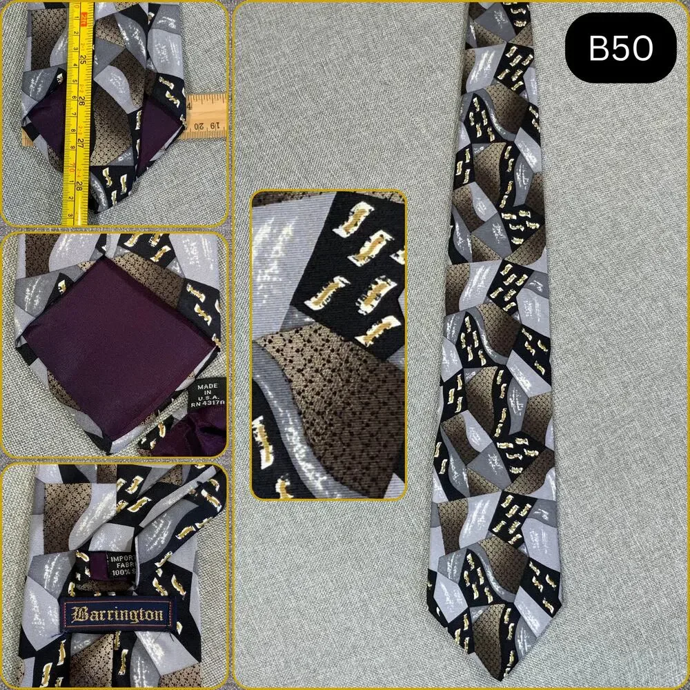 Vintage Barrington Silk Tie Black Silver Gold Abstract Geometric Necktie